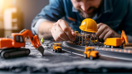 Poster - Clay civil engineer directing tiny construction vehicles such as excavators cranes and trucks on a toy like model road showcasing infrastructure planning architectural design