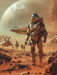 Poster - A group of astronauts traverses the rocky surface of Mars, with two spacecraft visible in the background under a distant planet. Generative AI