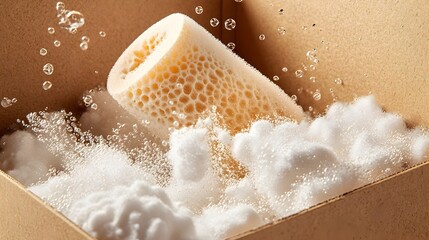 Poster - Close up view of a fragile delicate item securely enclosed inside a parcel box with foam padding to ensure safe transportation and delivery