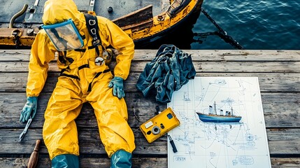 Aufkleber - Close up view of a marine engineer s tools and protective suit resting on a dock with a ship diagram or blueprint visible in the background