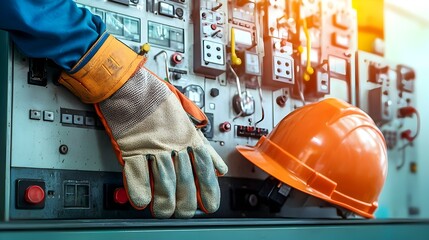 Aufkleber - Close up view of a pair of work gloves and a hard hat resting on an industrial control panel in a manufacturing facility showcasing the essential safety equipment used in a factory setting