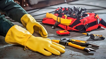 Leinwandbilder - Close up view of an electrical engineer s protective rubber gloves and insulated tools laid out on the floor of a power station facility