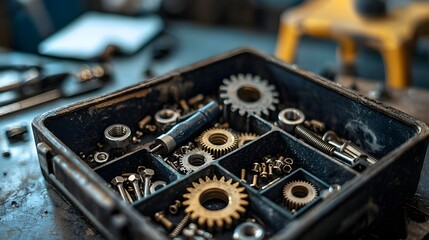 Leinwandbilder - Closeup of a Labeled Mechanic s Toolbox with Compartments Containing an Assortment of Small Metal Gears Bolts and Other Industrial Hardware Components