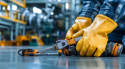 Leinwandbilder - Closeup view of an electrical engineer s protective rubber gloves and insulated tools lying on the floor of a power station  Concept of electrical maintenance repair and safety in the power industry