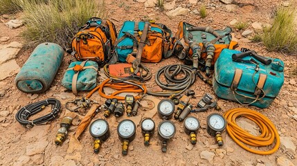Poster - Comprehensive collection of hydraulic engineer s equipment including pressure gauges hoses and other essential tools laid out neatly on the ground