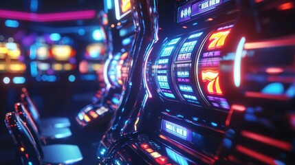 Aufkleber - Brightly lit slot machines feature spinning reels and a glowing jackpot symbol, captivating players as they try their luck in the casino. Generative AI