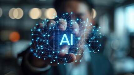 Aufkleber - Businessman is touching the blue letters AI on their finger, surrounded by connected dots and lines forming an internet network in a digital style, background features elements of an office space.