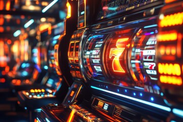 Poster - A row of futuristic slot machines glows brightly as reels spin, creating an exciting atmosphere for players in a gaming hall at night. Generative AI