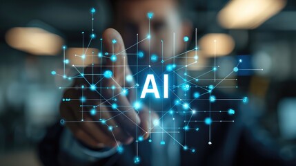 Aufkleber - Businessman is touching the blue letters AI on their finger, surrounded by connected dots and lines forming an internet network in a digital style, background features elements of an office space.