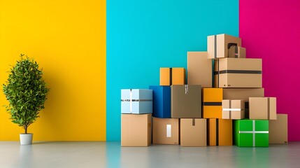 Aufkleber - Creatively Arranged Parcel Boxes in a Pattern on a Vibrant Colorful Background Perfect for Advertising Marketing and Ecommerce Promotions