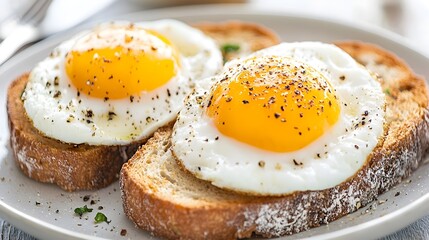 Poster - Delectable cloud like egg whites nestled atop golden yolks resting on crisp toasted bread for a simple yet satisfying breakfast experience