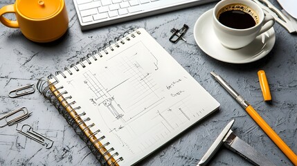 Poster - Desk setup with essential tools and materials for engineering architectural and technical design work including drafting notepads pens and a cup of coffee to fuel creativity and productivity