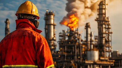 Poster - Detailed layout plans for an oil refinery facility shown alongside a fire retardant protective jacket highlighting the technical and safety focused nature of industrial energy production sites