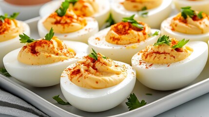 Poster - Deviled eggs beautifully garnished with vibrant paprika and fresh parsley presented on a stylish serving tray  This appetizing finger food is perfect for parties gatherings