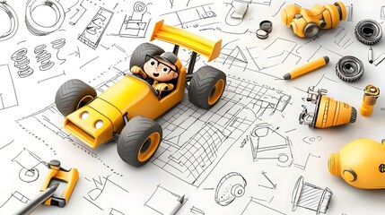 Poster - Digital of an automotive engineer sketching a blueprint for a stylized futuristic cartoon race car in a modern high tech design studio workspace