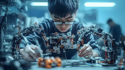 Fototapete - East Asian Robotics Engineer Assembling Mechanical Arms in a High Tech Laboratory  The image depicts a skilled engineer working on the assembly of advanced mechanical arms in a futuristic