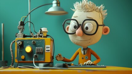 Poster - Electrical Engineer Examining and Testing a Futuristic Battery Powered Clay Robot Prototype for Technological Innovation and Development