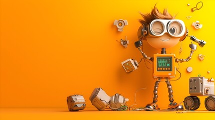 Poster - Electrical engineer examining and testing a battery powered clay robot model in a 3D rendering or image  The image showcases the process of engineering innovation and technological development