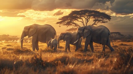 Poster - A family of elephants strolls across the African savanna, silhouetted against a breathtaking sunset that bathes the landscape in golden light. Generative AI