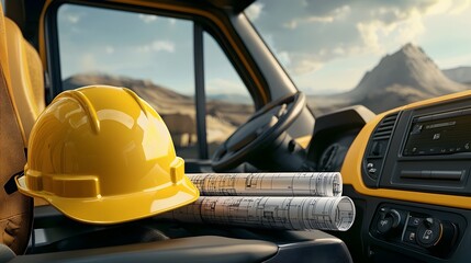 Poster - Engineering Vehicle Dashboard Displaying Blueprint Tube and Hard Hat Signifying the Planning and Stage of a Construction or Infrastructure Project