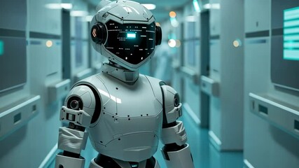 A white robot with a digital display on its head walks down a hallway