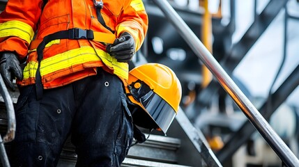 Poster - Fire resistant protective suit and helmet worn by an oil and gas engineer resting on a metal staircase in an industrial or construction setting