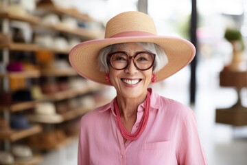 Wall Mural - happy senior woman in hat and glasses at shopping mall or fashion store