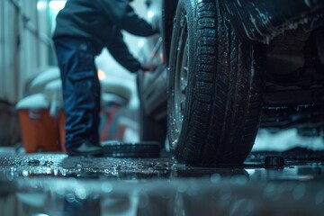 Poster - In a snowy parking lot at night, a person is changing a tire on a car, surrounded by wet ground and tools scattered nearby. Generative AI
