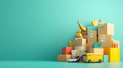 Poster - Heap of various sized cardboard boxes or parcels with express delivery labels or stickers depicting the concept of online shopping e commerce and efficient package transportation logistics
