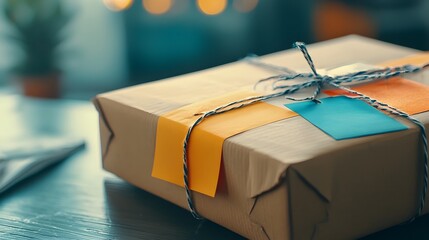 Fototapete - High Angle Close up View of a Sealed Cardboard Parcel Box with Colorful Shipping Labels Attached Representing the Logistics and Delivery of Goods in E commerce and Online Retail
