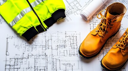 Poster - High visibility safety jacket and protective boots placed alongside detailed construction plans and technical drawings for a building or infrastructure project