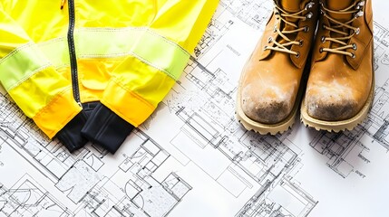 Poster - High visibility safety jacket and boots placed alongside detailed construction blueprints