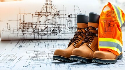 Poster - High visibility safety jacket and work boots positioned next to construction blueprints highlighting the importance of protective equipment and planning for construction projects