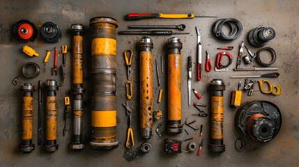 Poster - Hydraulic Cylinders and Various Precision Tools Spread Out on Industrial Workbench or Workshop Floor  Industrial Machinery Engineering and Maintenance Concept