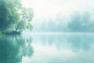 Poster - Morning mist blankets the calm lake, while lush trees softly reflect in the serene water, creating a peaceful and inviting atmosphere. Generative AI