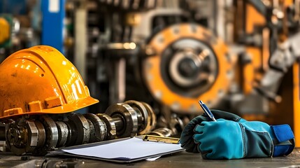Poster - Industrial gloves helmet and clipboard positioned in front of factory machinery representing the essential safety gear and tools used in manufacturing or construction settings
