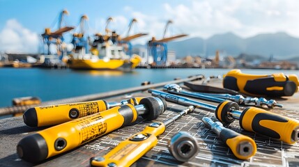 Poster - Marine engineer s toolset including torque wrenches and schematic diagrams neatly arranged on a dockside  Concept of industrial maintenance machinery repair and maritime engineering