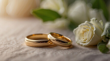 a pair of gold wedding rings