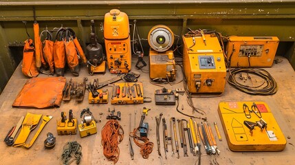 Poster - Meticulously organized railway maintenance equipment including tools machinery and a signal receiver showcasing the precision and technology involved in infrastructure upkeep