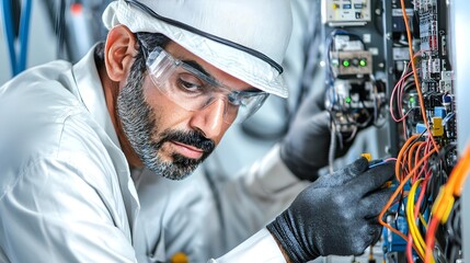 Leinwandbilder - Middle Eastern Power Station Electrical Engineer Troubleshooting and Analyzing Control Panel for Electrical System Maintenance and Repairs