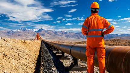 Middle Eastern petroleum engineer inspecting oil and gas pipeline infrastructure in the remote desert landscape  Energy industry worker overseeing fuel production and transportation systems