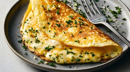 Poster - Mouthwatering Fluffy Cheese and Herb Folded Omelet Plated Beautifully for Appetizing Breakfast or Brunch Meal