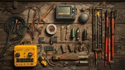 Poster - Neatly arranged railway maintenance tools machinery and signaling receiver equipment showcasing the technology and organization required for efficient transportation infrastructure management and