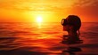 © Zaenal - Woman swimming alone in sea at sunset. Woman with diving mask at the top of head watching sun go down