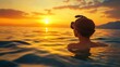 © Zaenal - Woman swimming alone in sea at sunset. Woman with diving mask at the top of head watching sun go down