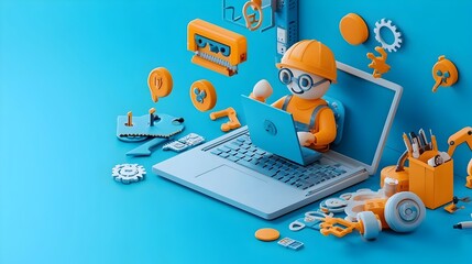 Leinwandbilder - of a Clay Software Engineer Debugging and Troubleshooting a Laptop Surrounded by Floating Emoji Bugs in the Digital Workplace