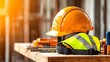 © thanarak - Orderly arrangement of a protective helmet and reflective safety vest placed on a tidy workbench showcasing essential construction site equipment in a professional organized setting
