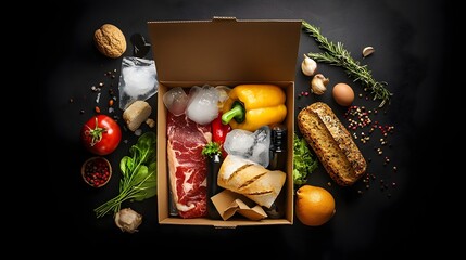 Fototapete - Opened parcel box containing perishable food products with ice packs for temperature controlled storage and safe delivery through the supply chain logistics