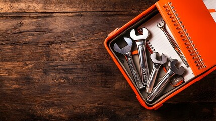 Leinwandbilder - Organized Toolbox Filled with Essential Engineering Tools such as Wrenches Ratchets and Engineering Notebooks for Efficient Maintenance Repairs