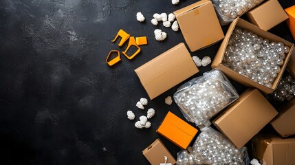 Poster - Overhead flat lay arrangement of open cardboard boxes filled with bubble wrap packing peanuts and other shipping and packing supplies ready for moving relocation or storage